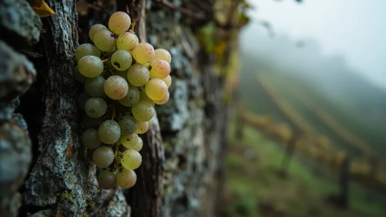 Grappe de Jacquère perlée de rosée dans vignoble alpin terrassé