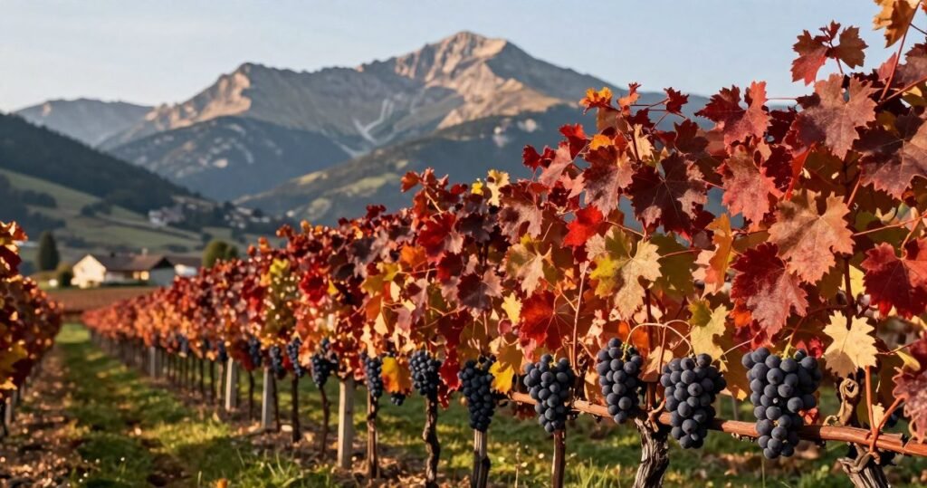 Grappes de Mondeuse noire sur les coteaux d’Arbin, cépage rouge emblématique de Savoie
