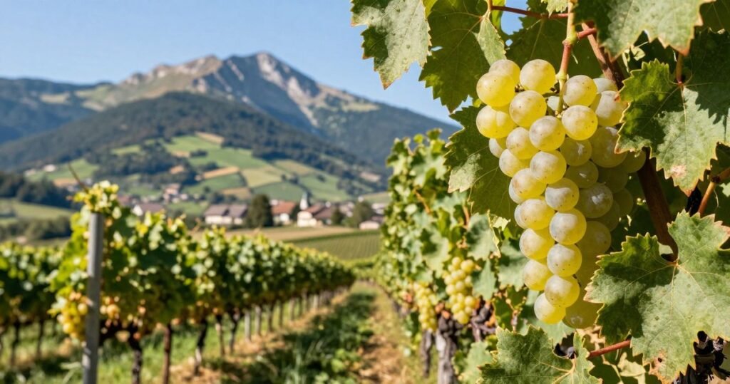 Cépage Altesse (Roussette de Savoie), raisins dorés à maturité sur les coteaux savoyards