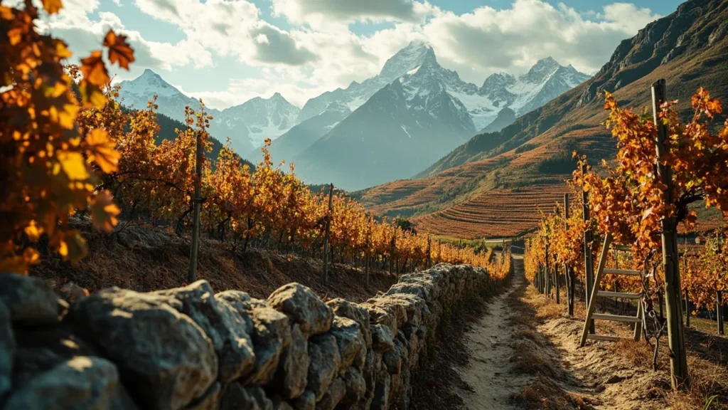 Vignobles en terrasses sous le Mont Blanc enneigé