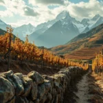 Vignobles en terrasses sous le Mont Blanc enneigé