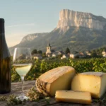 Savoyard cheeses and a glass of white wine on a wooden table with Apremont vineyards and Mont Granier in the background.