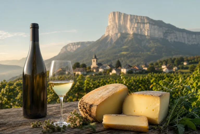 Savoyard cheeses and a glass of white wine on a wooden table with Apremont vineyards and Mont Granier in the background.