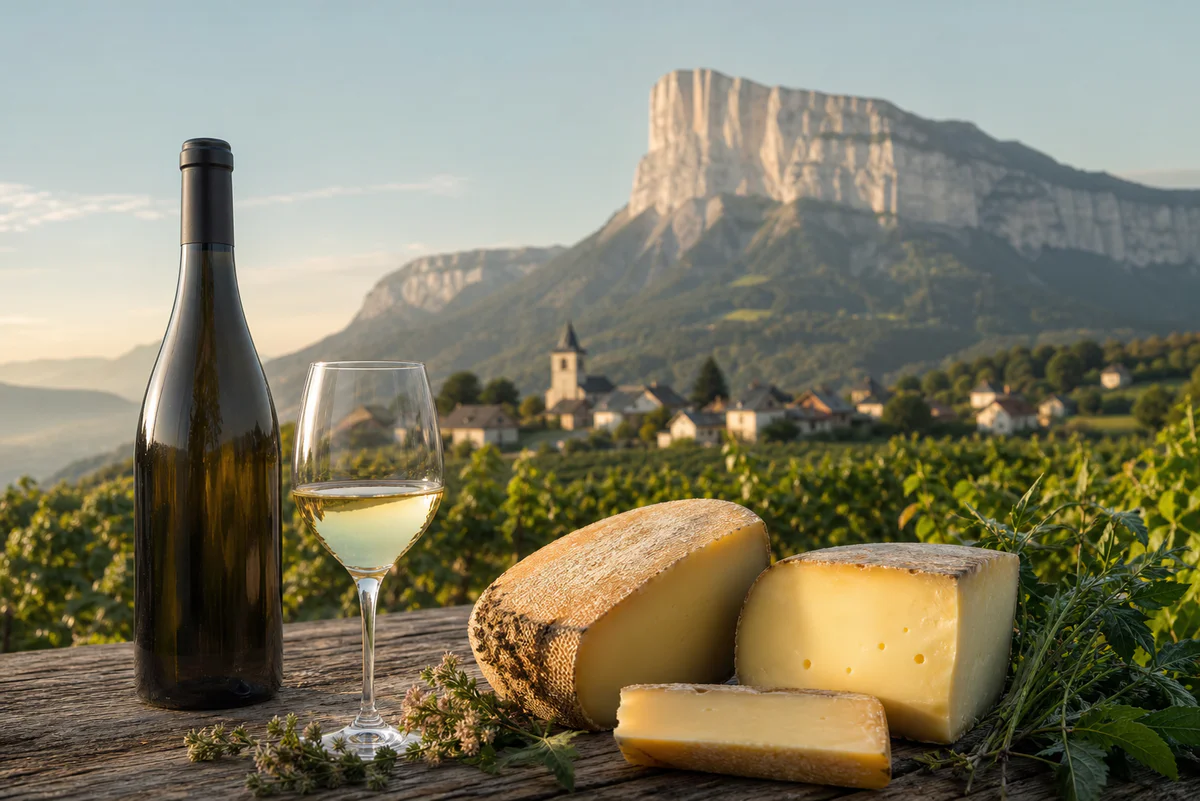 Savoyard cheeses and a glass of white wine on a wooden table with Apremont vineyards and Mont Granier in the background.