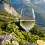 A glass of pale white Savoie wine on a stone table with alpine vineyards and Mont Granier in the background.