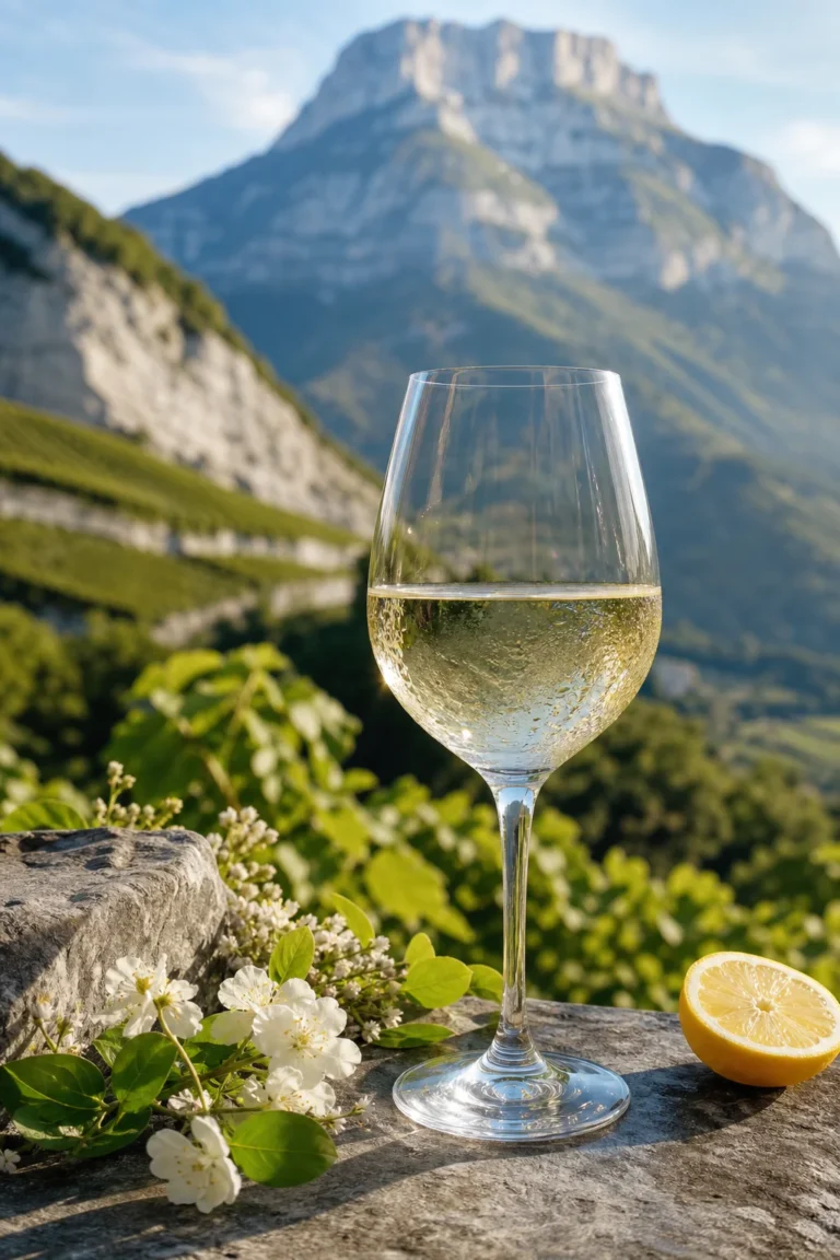A glass of pale white Savoie wine on a stone table with alpine vineyards and Mont Granier in the background.