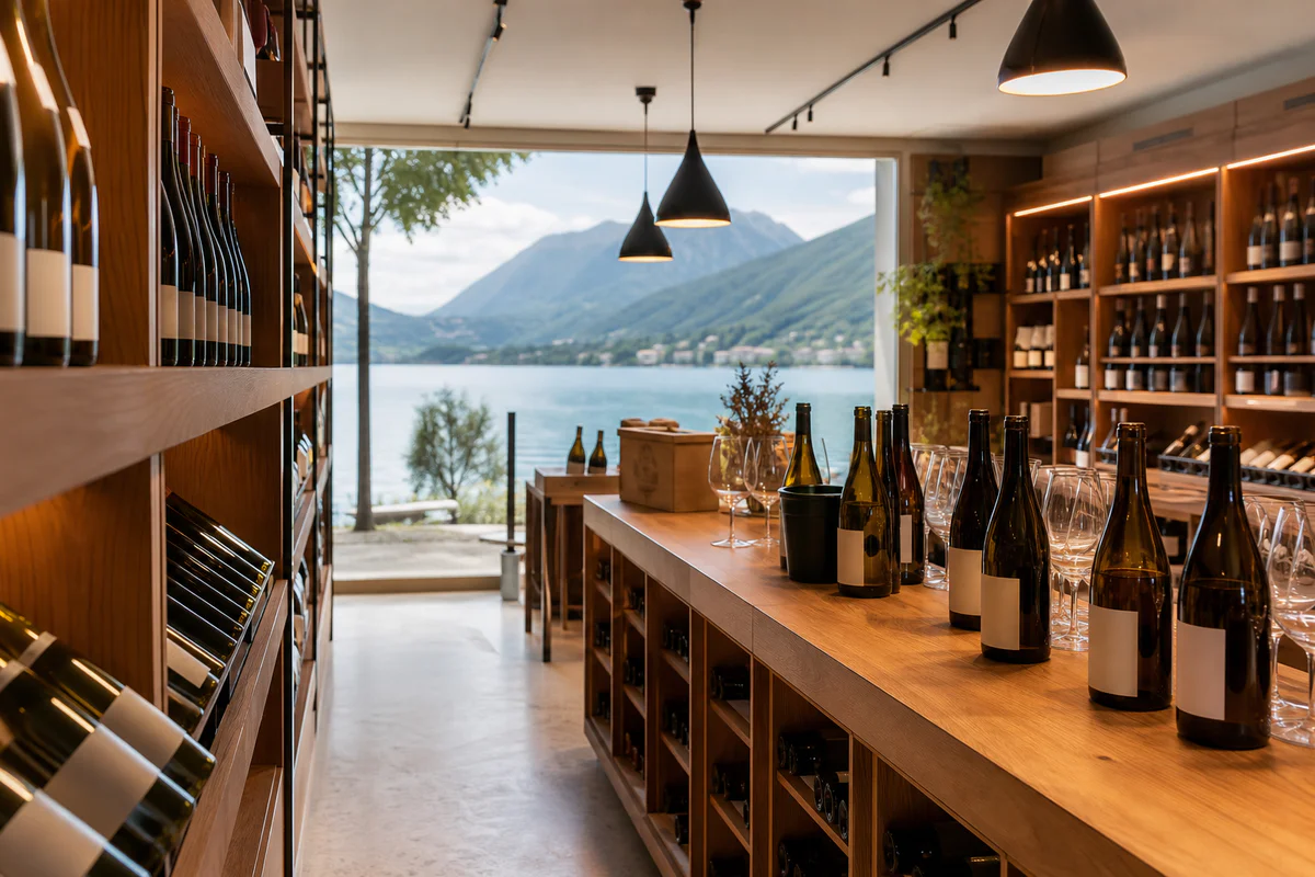 A refined wine shop in Annecy with bottles of Savoie wine, warm wooden shelves, and a soft view of Lake Annecy and the Alps.