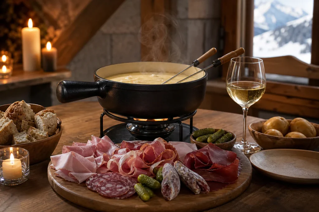 Fondue savoyarde with a refined charcuterie board, bread, potatoes, pickles, and white Savoie wine on a warm winter table.