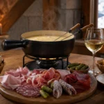 Fondue savoyarde with a refined charcuterie board, bread, potatoes, pickles, and white Savoie wine on a warm winter table.