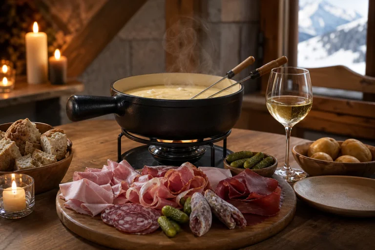 Fondue savoyarde with a refined charcuterie board, bread, potatoes, pickles, and white Savoie wine on a warm winter table.