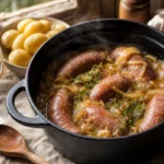 Diots de Savoie simmering with melted onions and white wine sauce in a cast-iron cocotte, served with simple potatoes.
