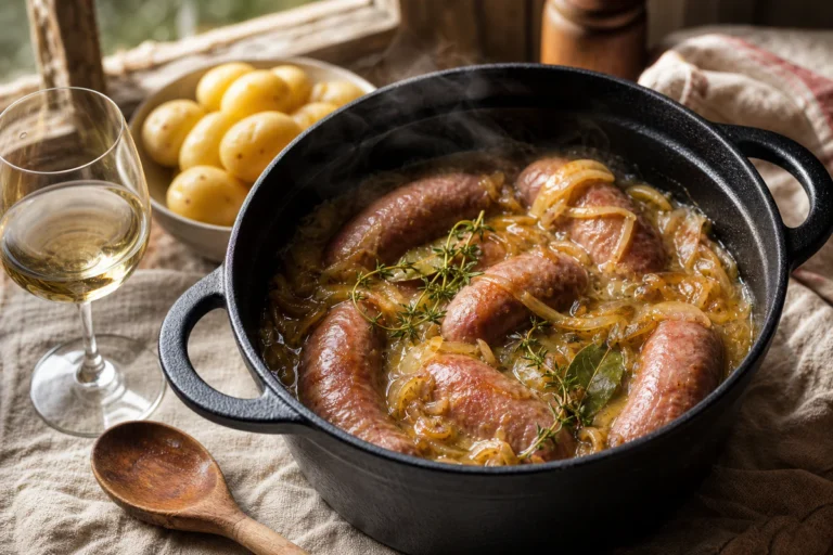 Diots de Savoie simmering with melted onions and white wine sauce in a cast-iron cocotte, served with simple potatoes.