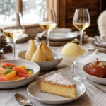 Light winter desserts with citrus, poached pears, baked apples and lemon sorbet served after a Savoyard tartiflette meal.