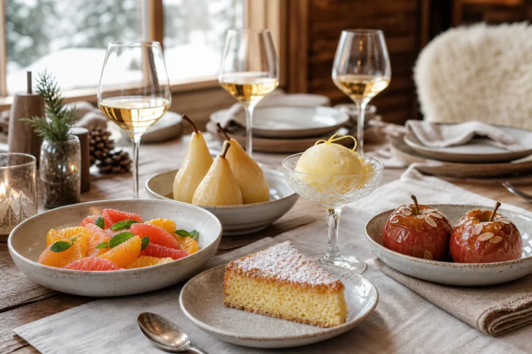Light winter desserts with citrus, poached pears, baked apples and lemon sorbet served after a Savoyard tartiflette meal.