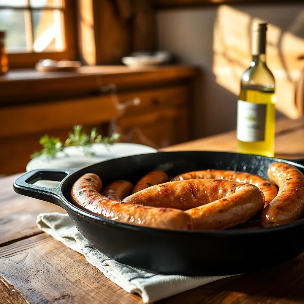Perfectly browned Diots de Savoie sausages cooking in a rustic cast-iron skillet on a wooden table, with Savoie wine and thym