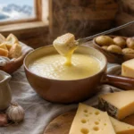Fondue savoyarde sans alcool dans un caquelon avec pain, fromages alpins et bouillon sur une table rustique.