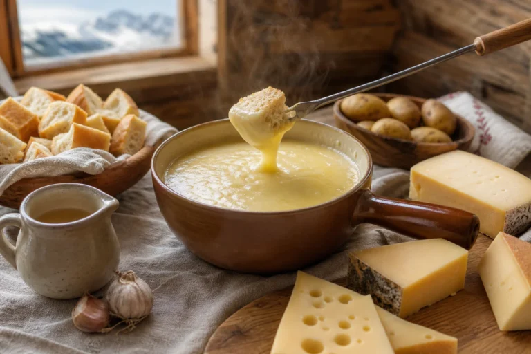 Fondue savoyarde sans alcool dans un caquelon avec pain, fromages alpins et bouillon sur une table rustique.