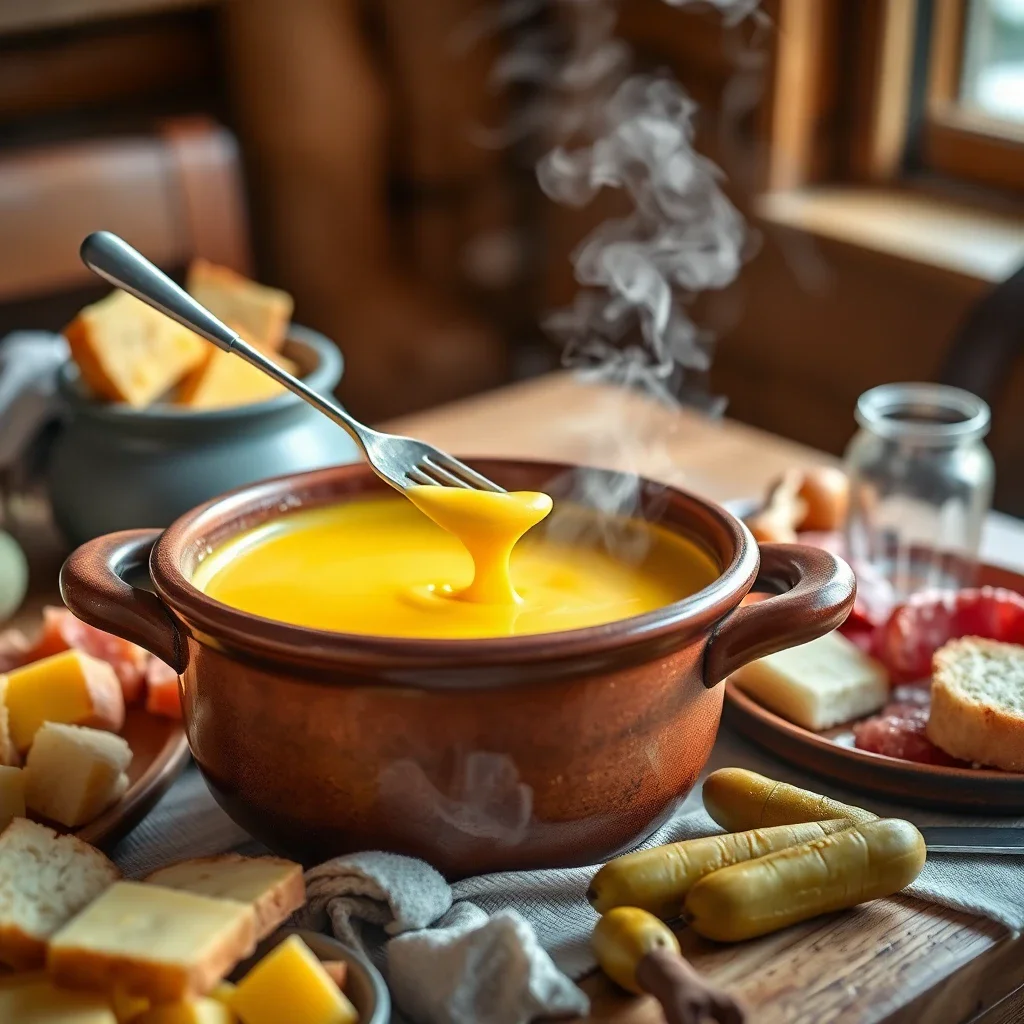 A rustic ceramic pot of traditional Savoyarde cheese fondue on a wooden table, with bread and accompaniments, steam rising in