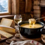 Traditional Savoyard fondue caquelon with melted cheese, mountain cheeses, bread, garlic, and white wine on a rustic alpine t