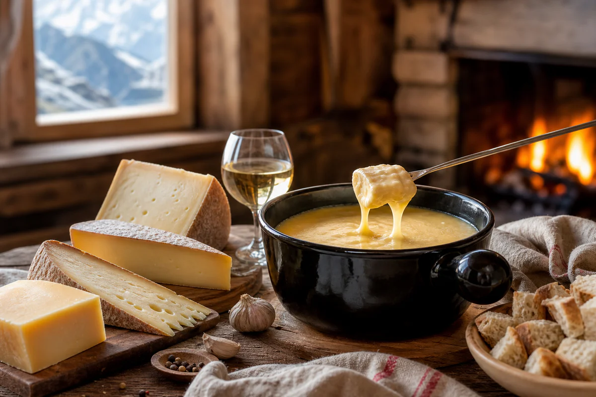 Traditional Savoyard fondue caquelon with melted cheese, mountain cheeses, bread, garlic, and white wine on a rustic alpine t