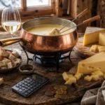 Savoyard cheese fondue ingredients arranged on a rustic table with subtle cost comparison elements.