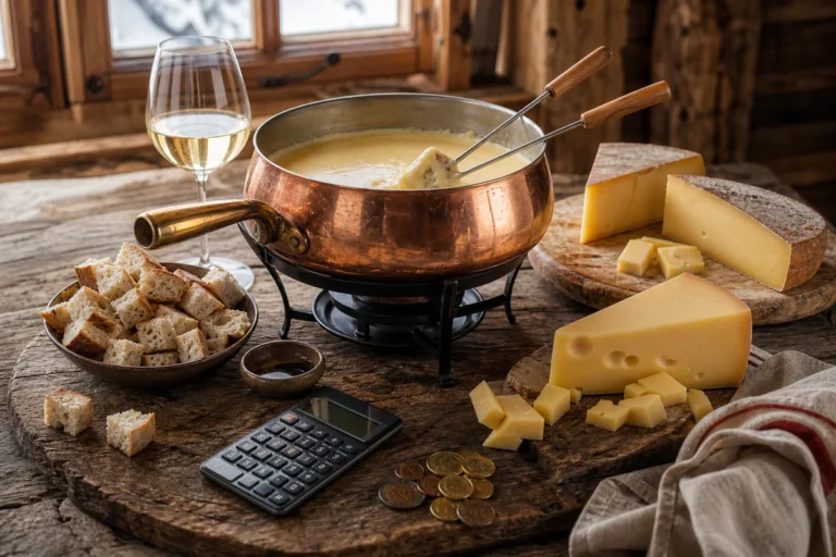 Savoyard cheese fondue ingredients arranged on a rustic table with subtle cost comparison elements.