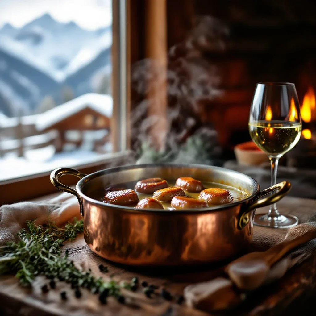 A copper pot of traditional Savoyard diots sausages simmering in white wine sauce, set against a cozy alpine chalet backdrop