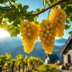 Gros plan sur une grappe de raisin du cépage Jacquère mûrissant dans un vignoble de Savoie, avec les Alpes en arrière-plan so