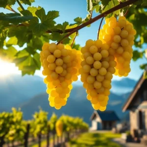Gros plan sur une grappe de raisin du cépage Jacquère mûrissant dans un vignoble de Savoie, avec les Alpes en arrière-plan so