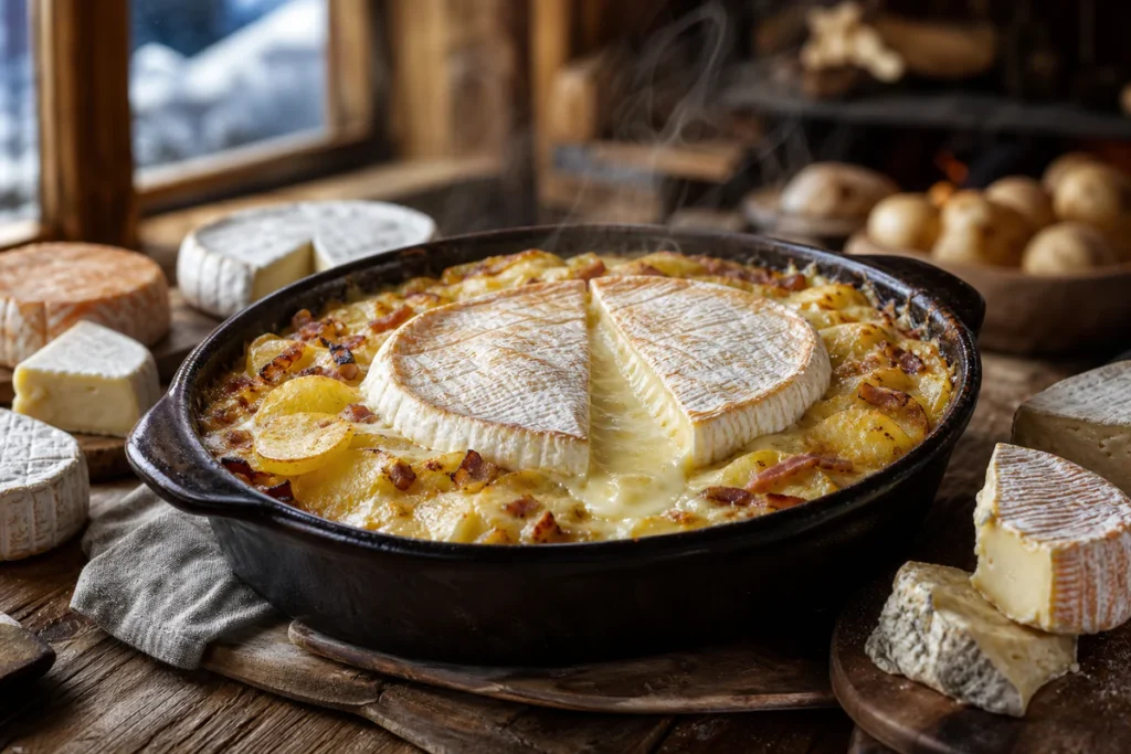 A bubbling Savoyard tartiflette with melted soft-rind cheese and several cheese alternatives arranged on a rustic wooden tabl