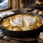 A bubbling Savoyard tartiflette with melted soft-rind cheese and several cheese alternatives arranged on a rustic wooden tabl