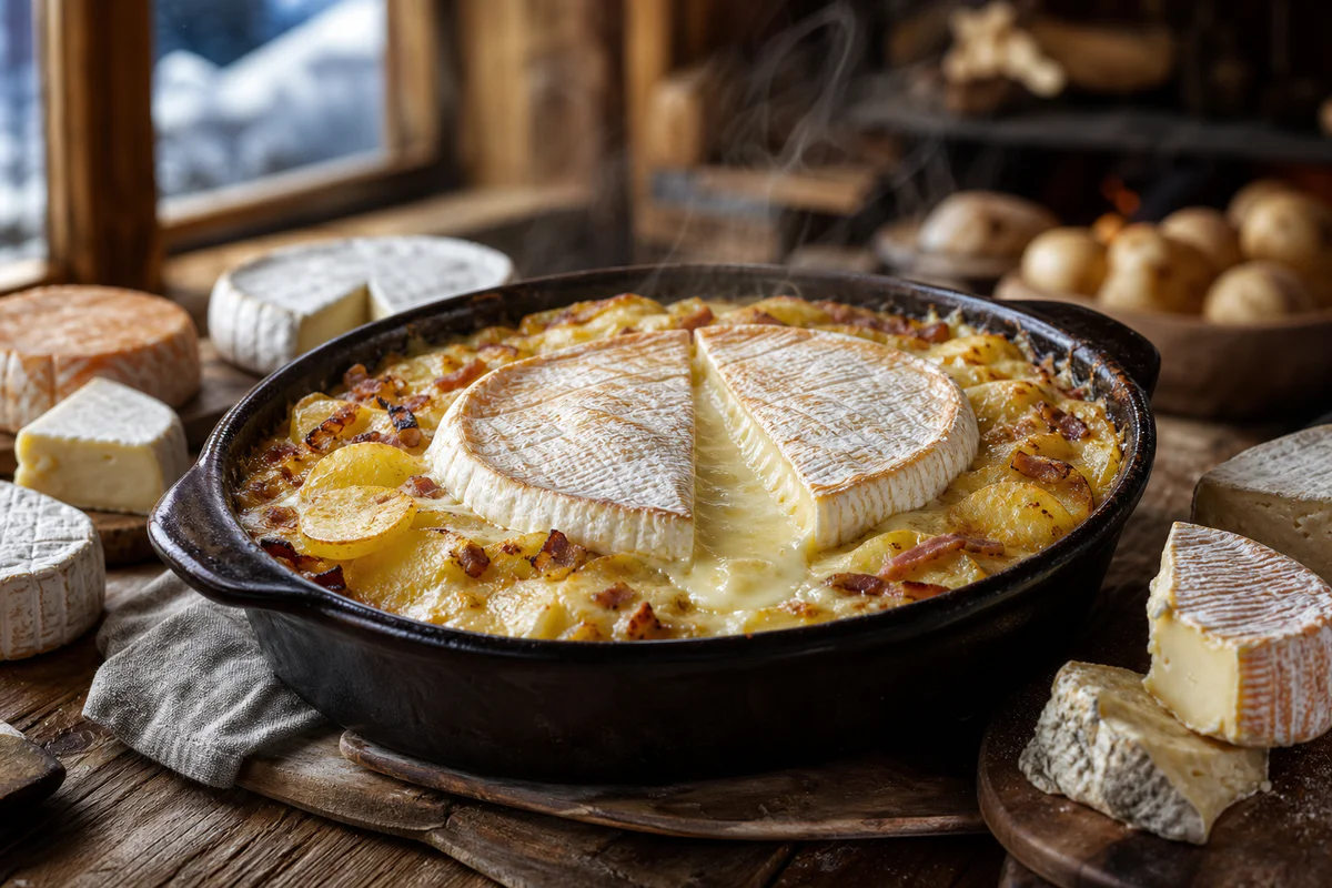 A bubbling Savoyard tartiflette with melted soft-rind cheese and several cheese alternatives arranged on a rustic wooden tabl