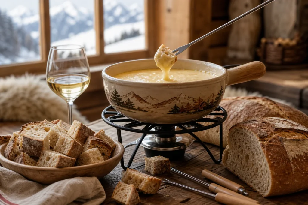 Rustic Savoyard fondue table with melted cheese, cubes of dense country bread, a sliced loaf, fondue forks, and white wine.