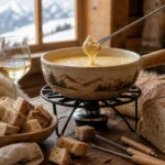 Rustic Savoyard fondue table with melted cheese, cubes of dense country bread, a sliced loaf, fondue forks, and white wine.