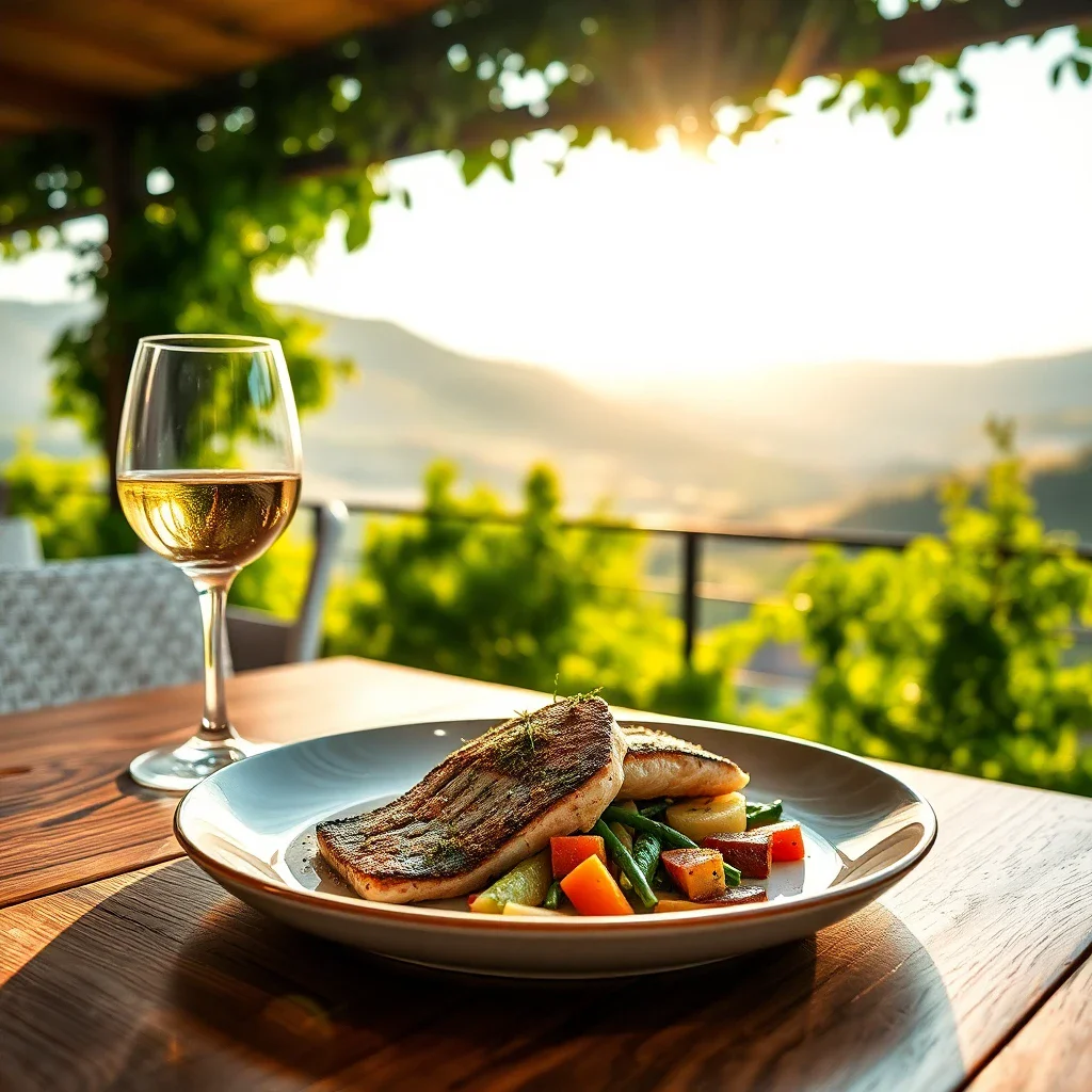 Gastronomic Savoyard dish on a terrace overlooking the Rhône valley and Alpine vineyards near Seyssel, evoking the culinary e