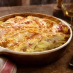 Tartiflette dorée au four avec reblochon fondu, rondelles de pommes de terre visibles et verre de vin blanc de Savoie en arri