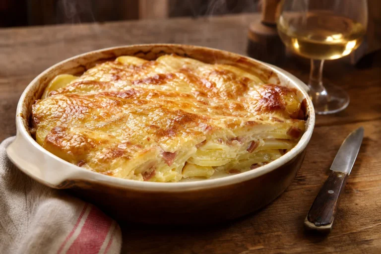 Tartiflette dorée au four avec reblochon fondu, rondelles de pommes de terre visibles et verre de vin blanc de Savoie en arri