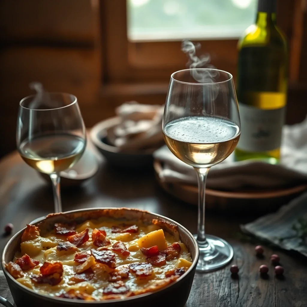 A bubbling tartiflette in a copper dish next to a glass of white wine, set on a rustic wooden table in a warm chalet atmosphe