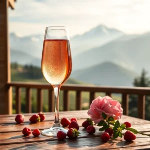 A glass of pale pink Vin de Savoie rosé on a wooden balcony with the French Alps and vineyards stretching into the distance u