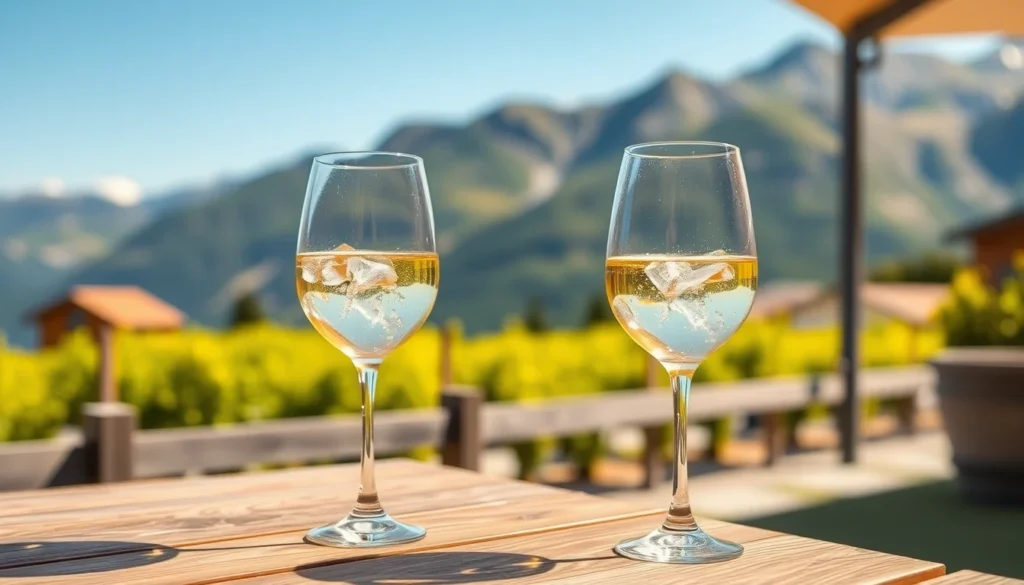 Deux verres de vin blanc de Savoie frais sur une terrasse face aux vignes et aux Alpes