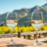 Deux verres de vin blanc de Savoie frais sur une terrasse face aux vignes et aux Alpes