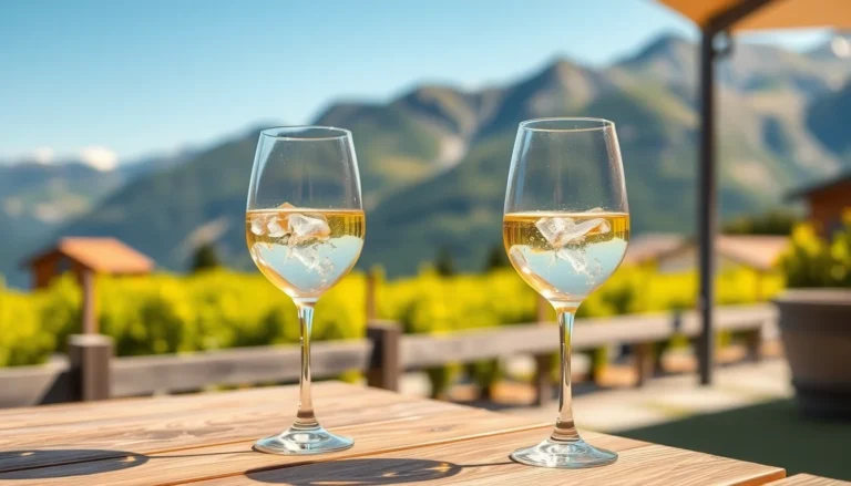 Deux verres de vin blanc de Savoie frais sur une terrasse face aux vignes et aux Alpes
