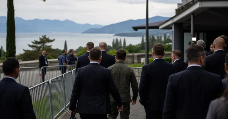 Arrivée diplomatique à Évian derrière barrières ambiance grave au Léman