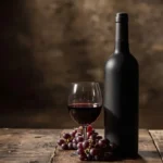 Cave rustique table bois usé bouteille sombre verre de rouge