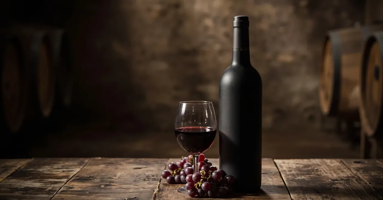 Cave rustique table bois usé bouteille sombre verre de rouge
