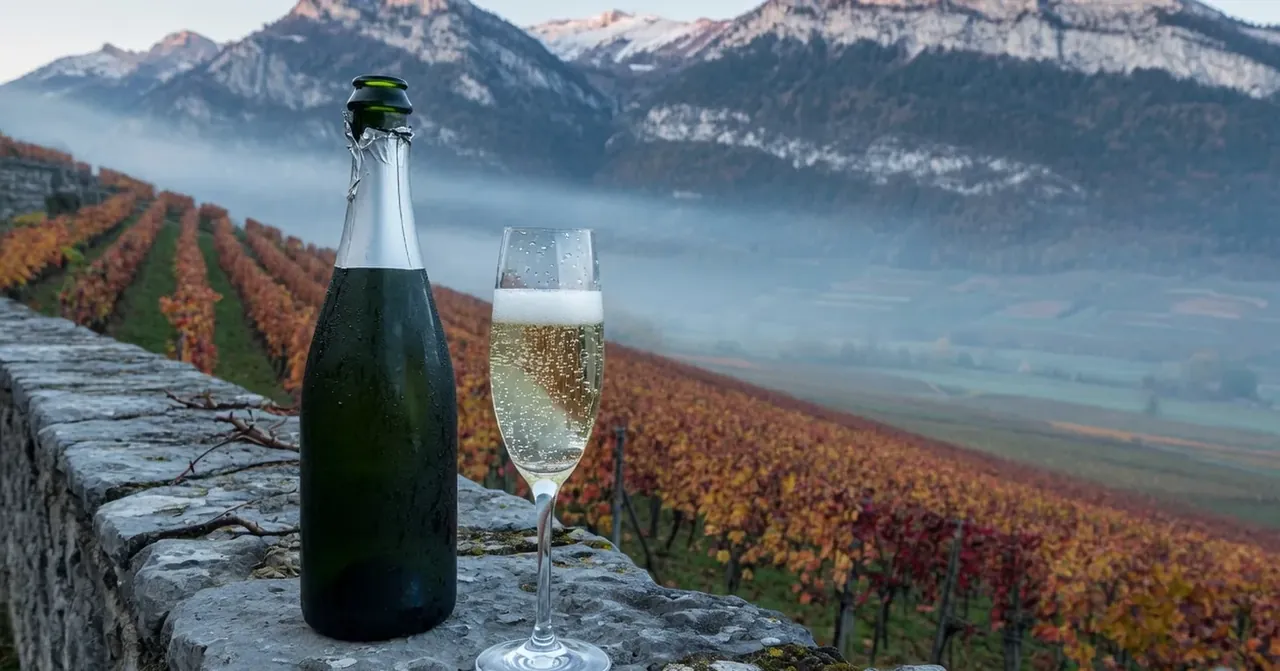 Bouteille de Crémant et flûte devant les vignes alpines