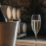 Bouteille de crémant et flûte effervescente dans cave savoyarde