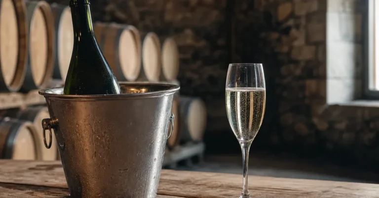 Bouteille de crémant et flûte effervescente dans cave savoyarde