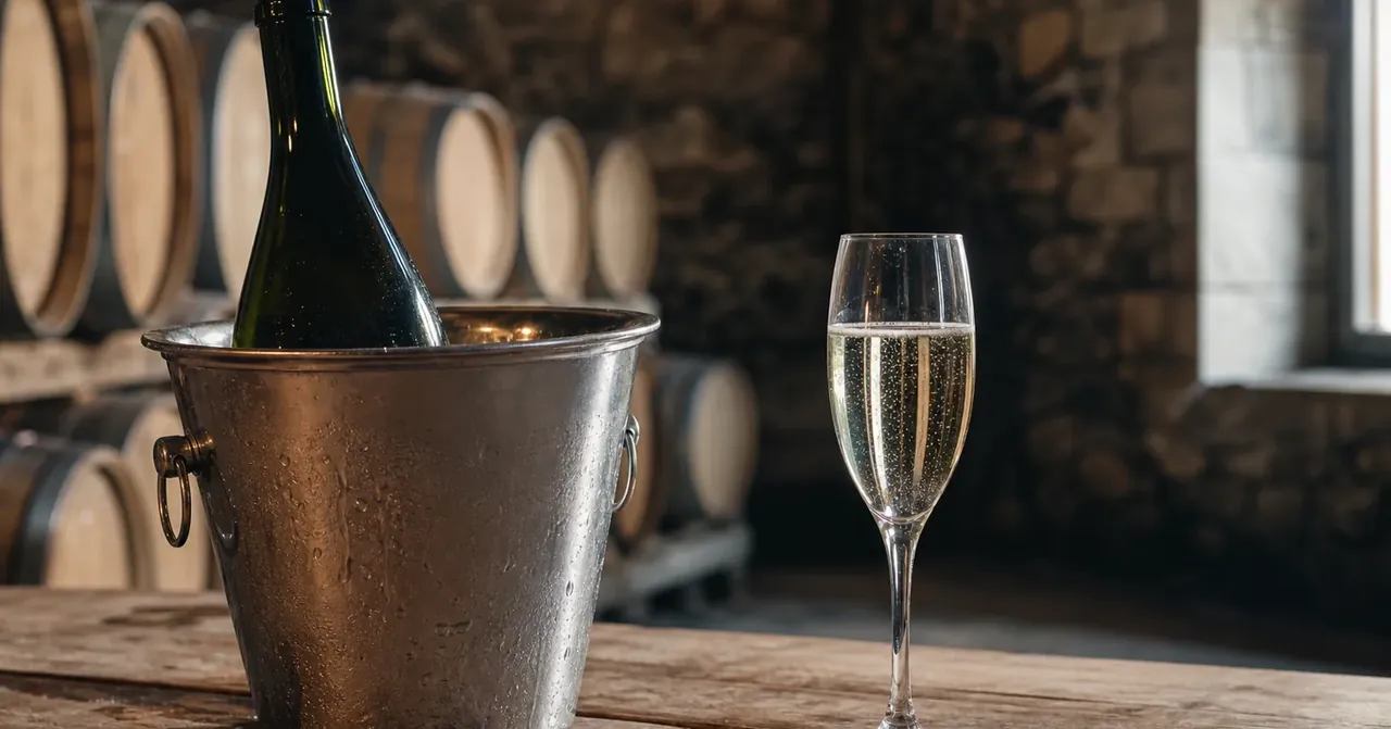 Bouteille de crémant et flûte effervescente dans cave savoyarde