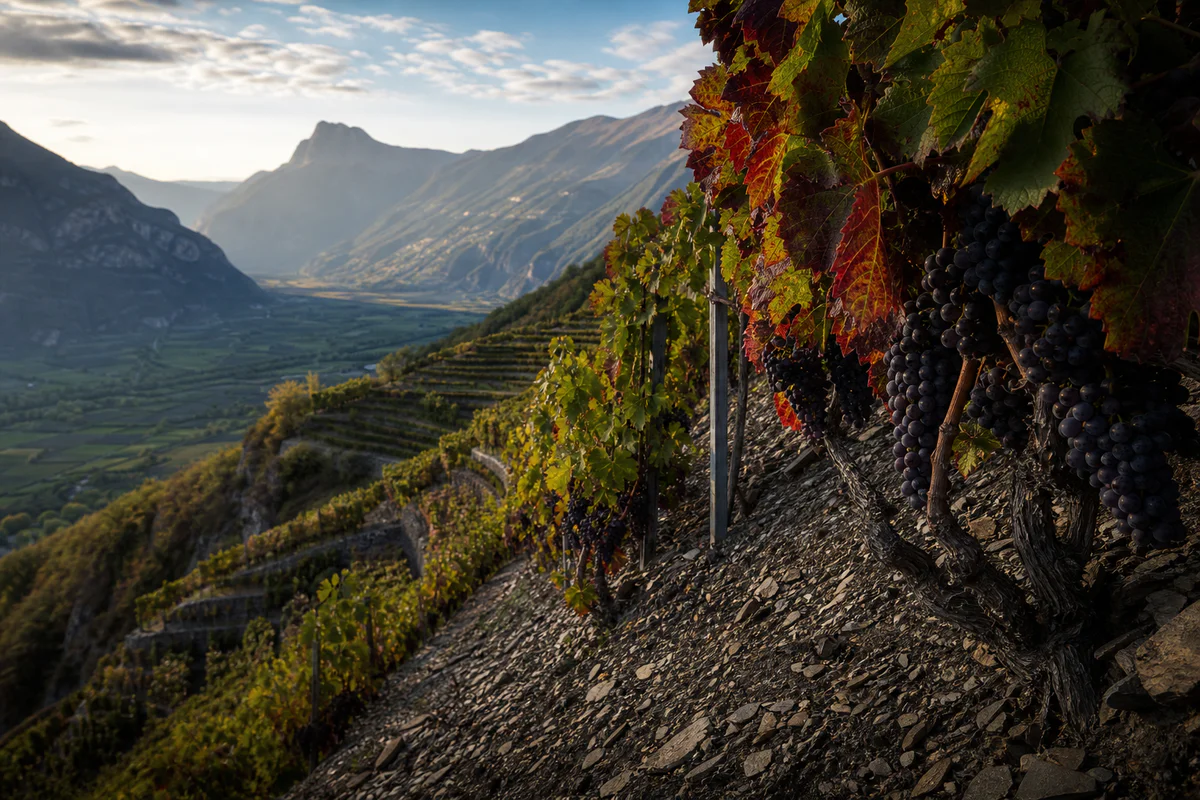 Steep Mondeuse vineyard slopes in Arbin, Savoie, with rocky soils and Alpine valley light highlighting the terroir.